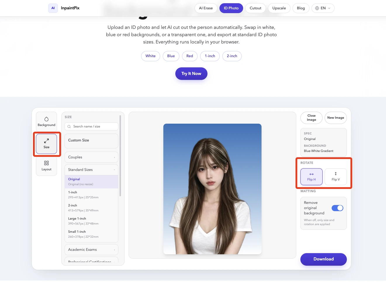 The Size tab with its search box and list of standard ID sizes