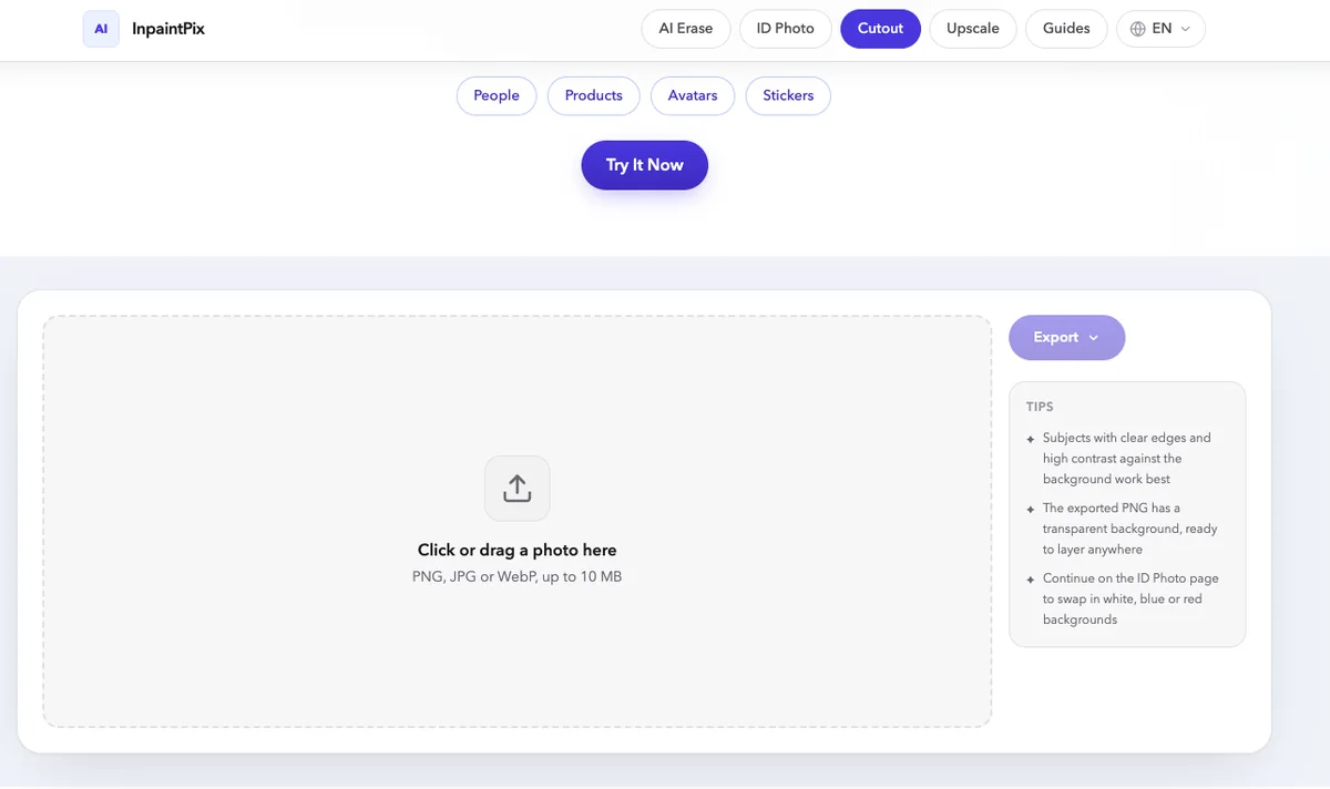 The drop area of the background remover, showing the supported formats and file size