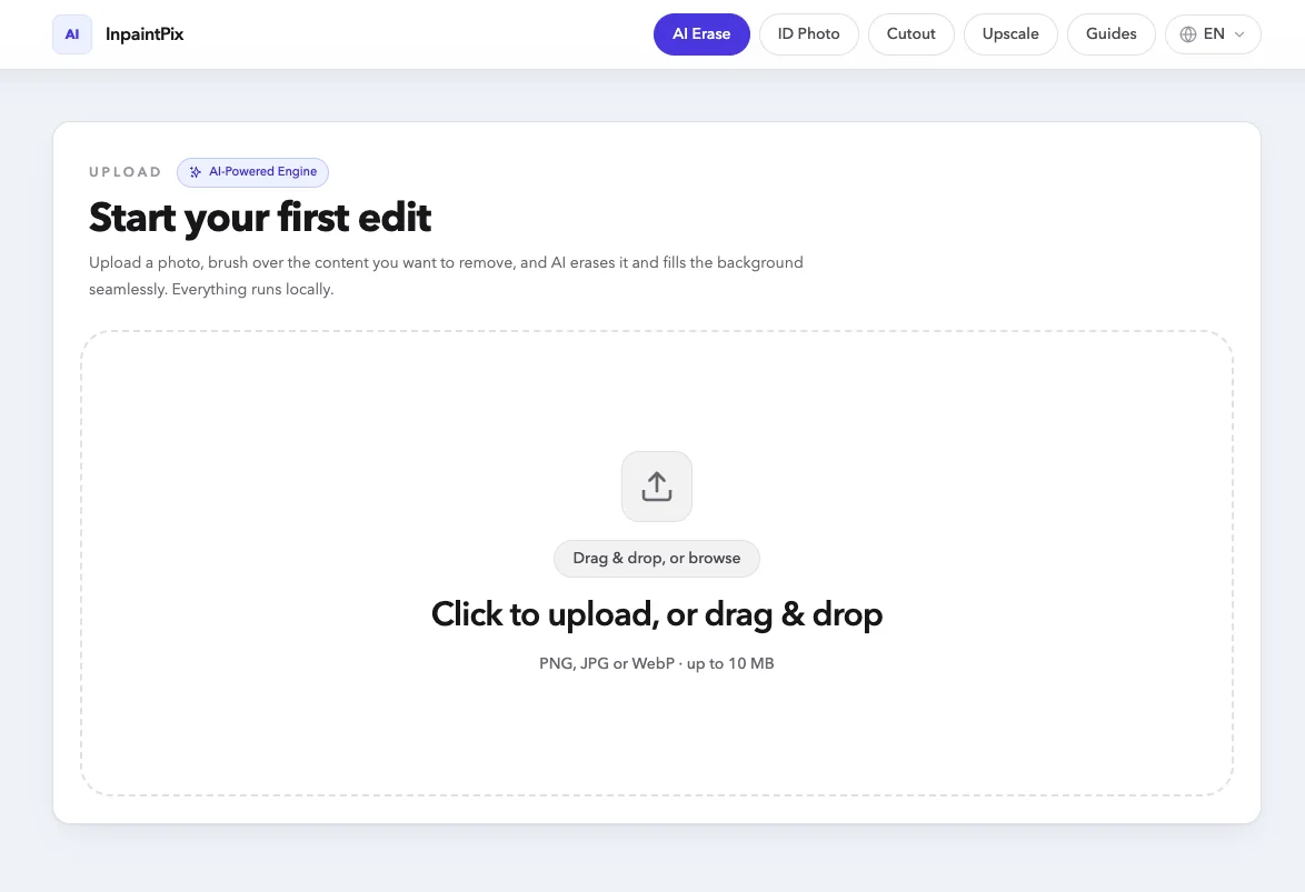 The upload area of the AI Erase tool